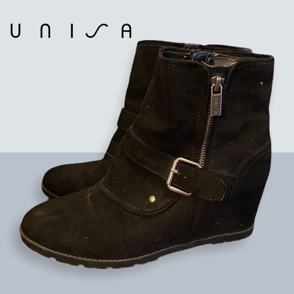 Unisa Black Suede Wedge Ankle Booties 10 - Picture 1 of 3